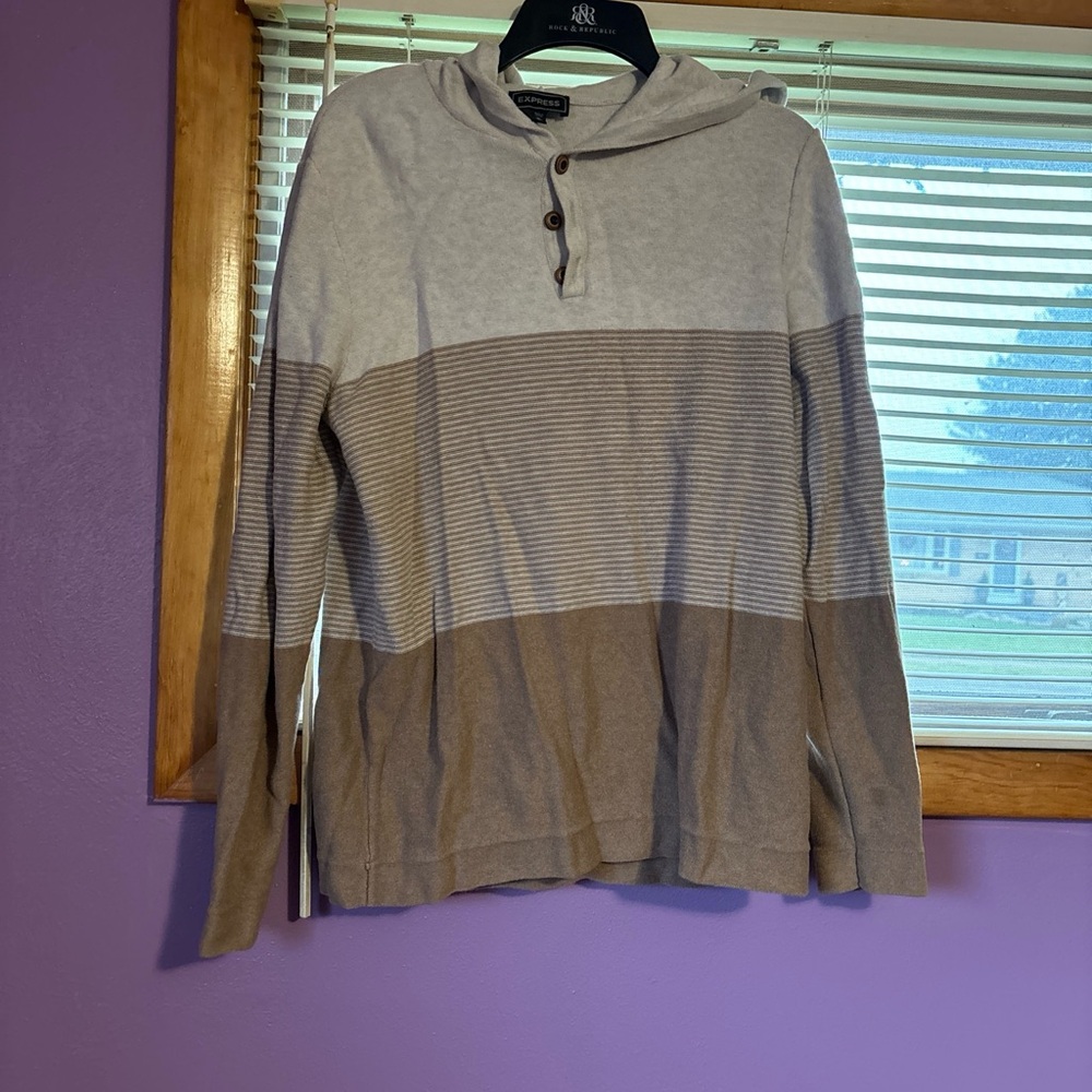 EXPRESS MEN'S MIDWEIGHT TEXTURED MULTI-STRIPE TAN & CREAM HOODIE - M / MEDIUM